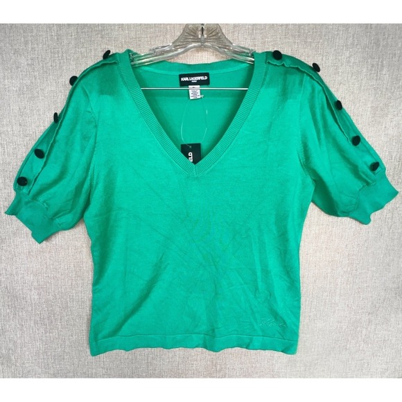 Karl Lagerfeld Sweaters - Karl Lagerfeld Paris Kelly Green V-Neck Button-Sleeve Knit Sweater L4XSS718 Med